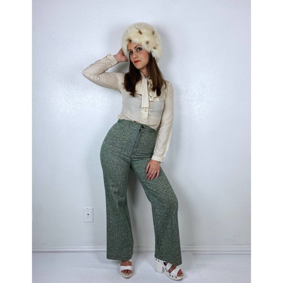 vintage 70s Green TWEED SPECKLED TROUSERS 26 wide leg trousers flares bellbottom - Picture 2 of 10
